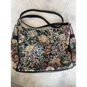Sas Needlepoint Tapestry Floral Print Leather Shoulder/Crossbody Handbag